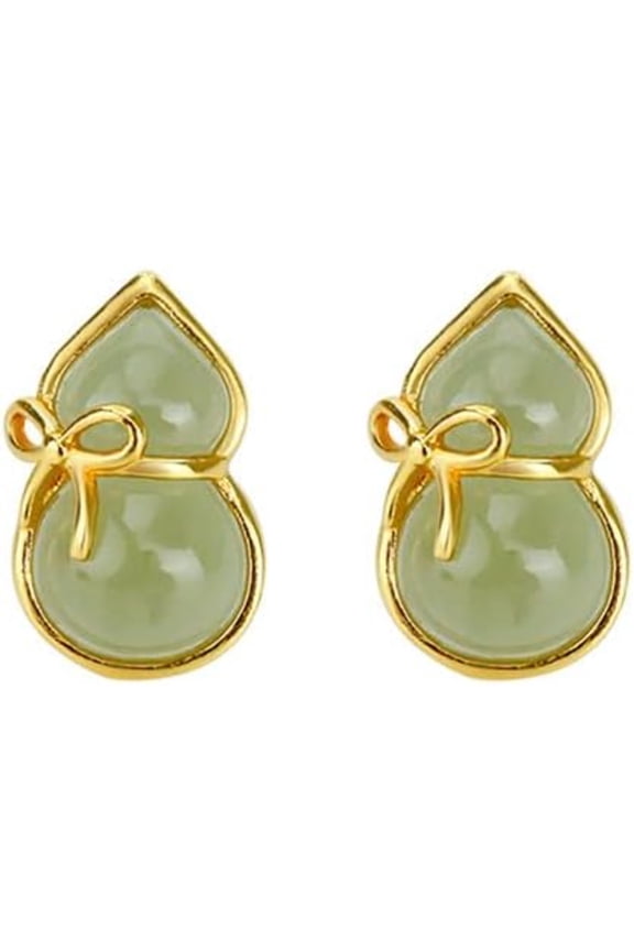 14K Gold Gourd-Shaped Jade Stud Earrings for Women, Delicate Butterfly-Inspired Design, Best Wedding Gift for Wife