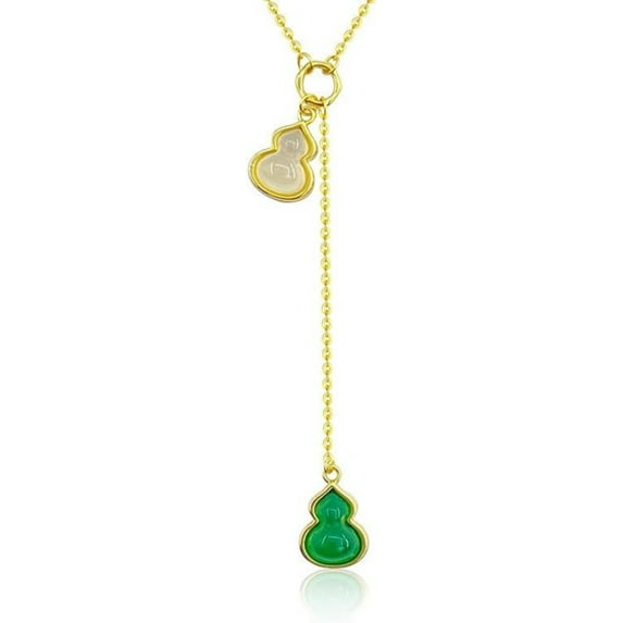 14K Gold Green and White Gourd Jade Pendant, Lucky and Prosperous Necklace, Charming Jewelry Gift for Her