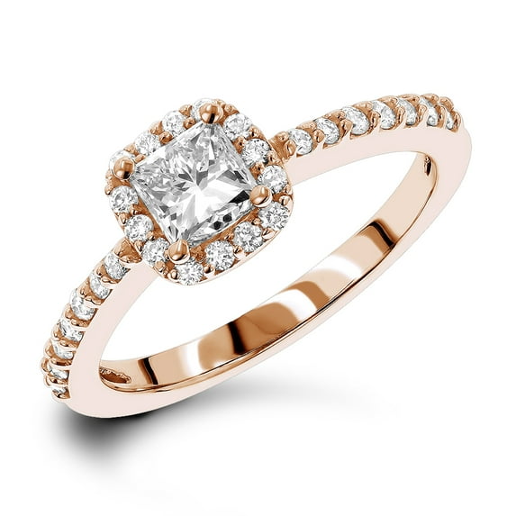 14K Gold Halo Round & Princess Cut Natural Diamond Engagement Ring (Rose Gold Size 4.5)