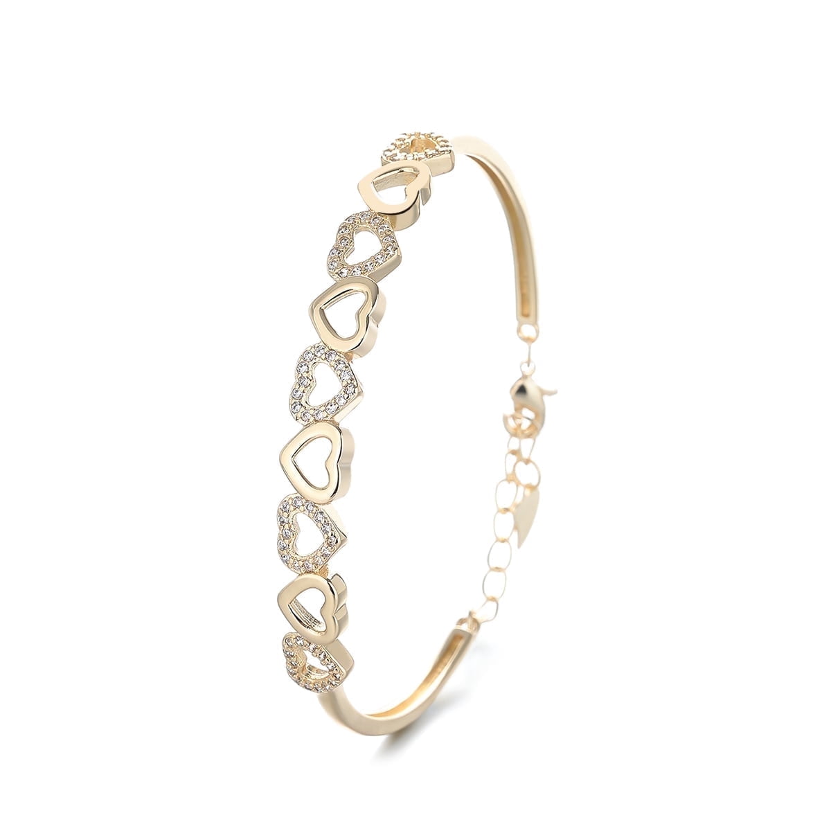 14K Gold Hearts Bangle Adjustable Bracelet with crystals from Swarovski in 14K Yellow Gold Plated