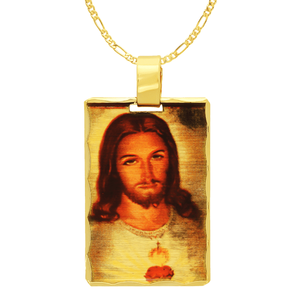 14K Gold Heavy Plated Framed Jesus Sacred Heart Portrait Pendant + 30" 2.4mm Figaro Chain Necklace Set