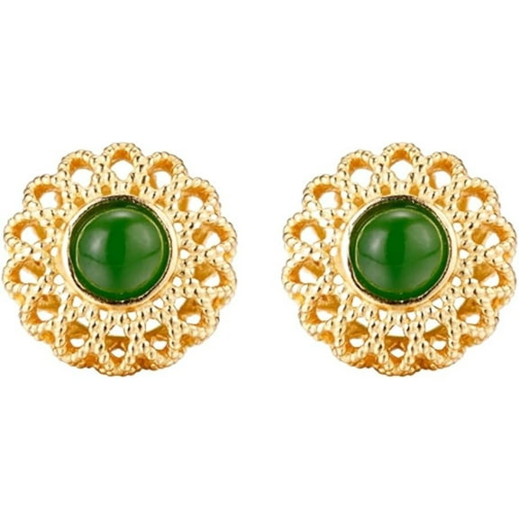 14K Gold Hollow Flower Jade Stud Earrings for Women, Unique and Artistic Accessory, Lovely Gift for Her on Valentine's Day
