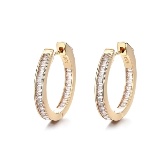14K Gold Plated Hoop Earring with in and out Emerald-Cut Simulated Diamonds