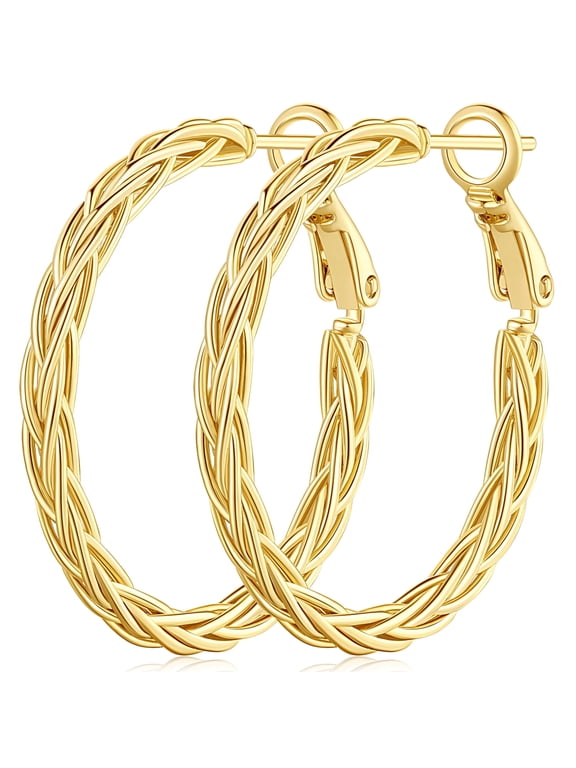 14K Gold Hoop Earrings for Women 30MM Braided Twisted Hoop Earrings Hypoallergenic Weave Thick Earrings 14K Gold Plated Hoops Women's Earrings Gold Jewelry Birthday Christmas Gifts for Women