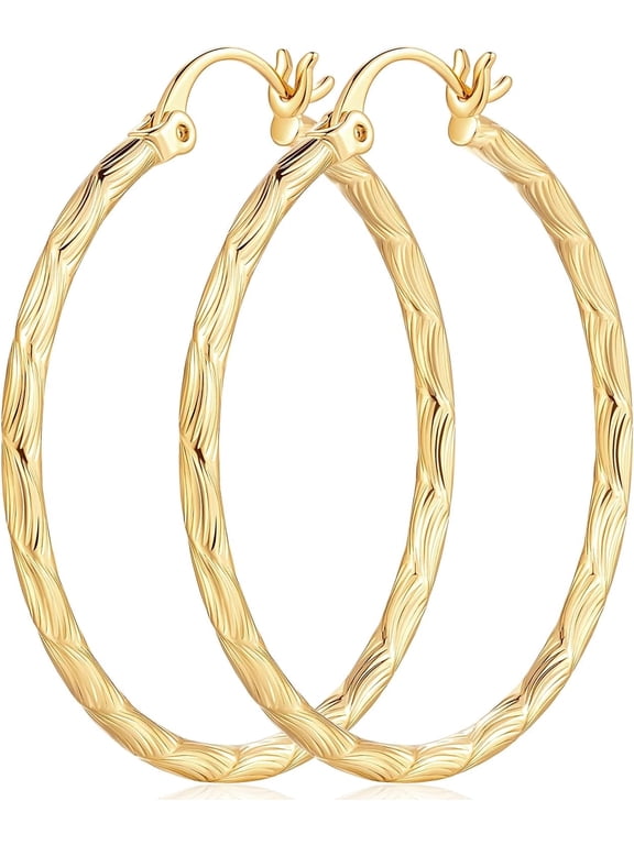 14K Gold Hoop Earrings for Women 40mm Textured Big Gold Hoops Earrings Hypoallergenic Gold Jewelry Earrings Lightweight Thin 14K Gold Plated Hoops Women's Earrings Christmas Birthday Gifts for Women