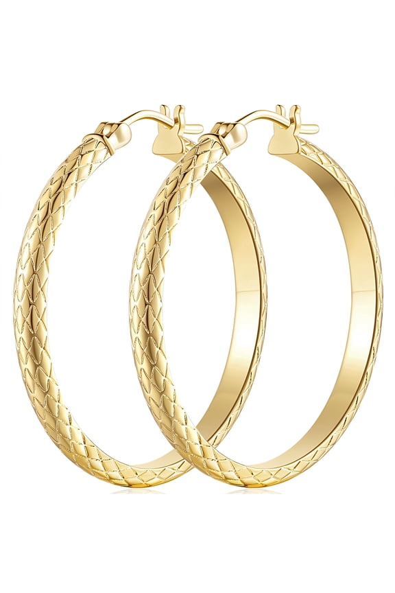 14K Gold Hoop Earrings for Women Delicate Etched Pattern Hoop Earrings 35MM Textured Hoop Earrings Hypoallergenic Earrings 14K Gold Plated Jewelry Women's Earrings Christmas Gifts for Women