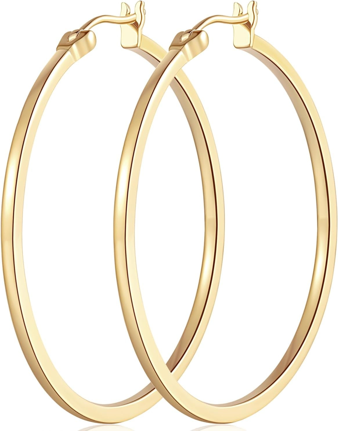 14K Gold Hoop Earrings for Women Large Gold Hoop Earrings Round Square-edge Gold Earrings for Women 14 Karat Gold Hoops Earrings Womens Hoop Earrings (40mm)