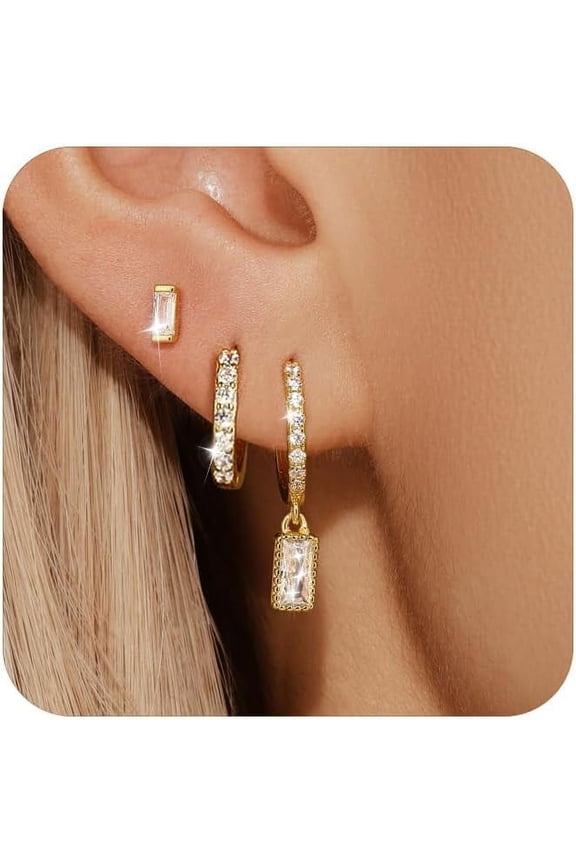 14K Gold plated Huggie Hoop Earrings Set for Women, 3 Pairs Small Hoop Earring Stacks Hypoallergenic, Trendy Ear Cuff Hoops Cartilage Earrings for Women