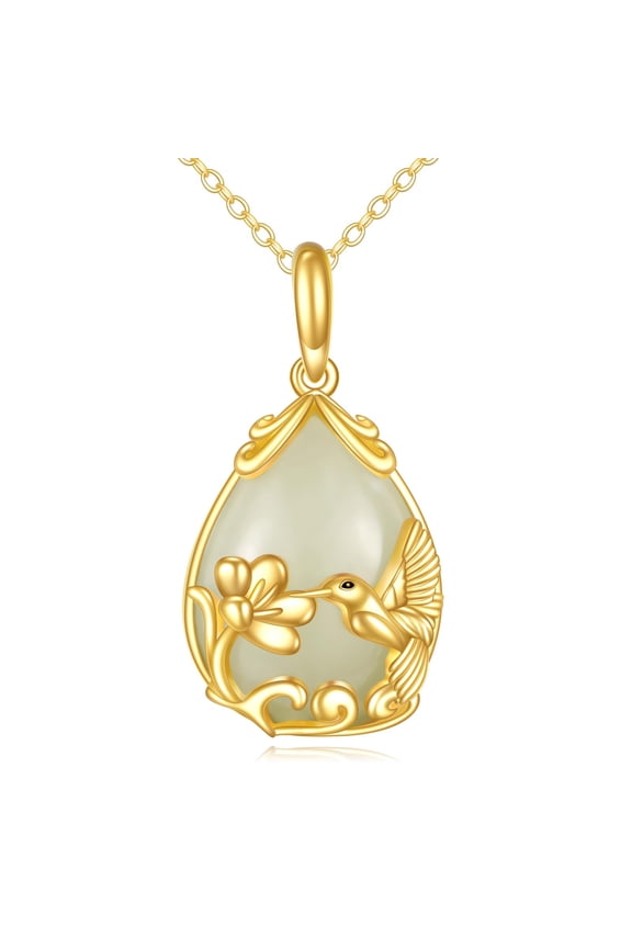14K Gold Hummingbird Bird Necklace Jewelry Gifts for Women Hummingbird Jade Pendant Necklace for Women (Gold-Hummingbird Bird Necklace with Jade)