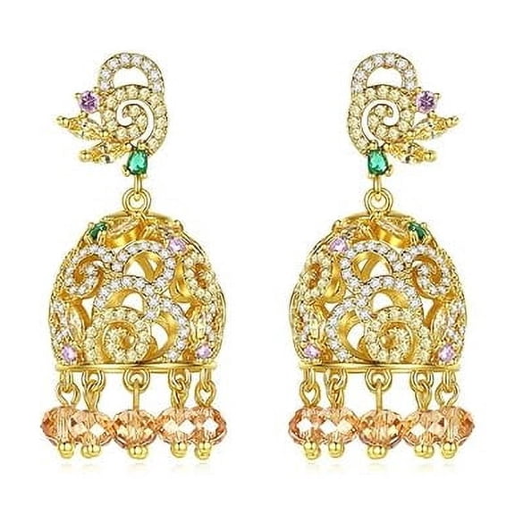 14K Gold Indian Tassel Crystal Drop Earrings for Women,Vintage Palace Style Bell Shape Heavy Industry Dangle Earrings,Fashion Christmas Jewelry Gift for Her