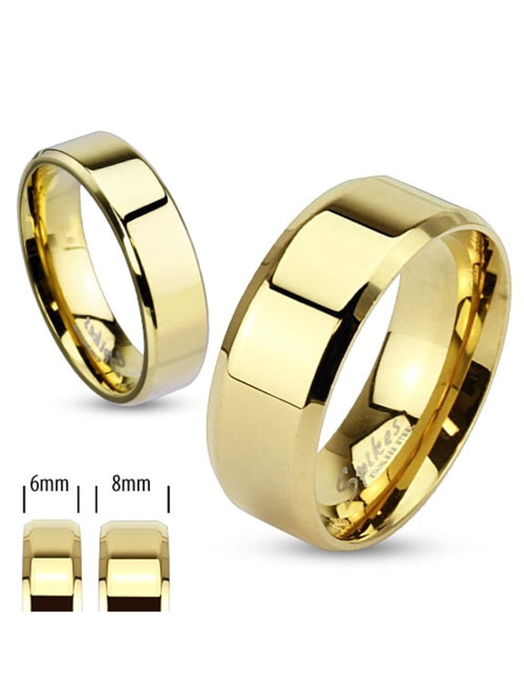 14K Gold Ion Plated Stainless Steel Beveled Edge Flat Wedding Band Ring Width 6mm Size 05