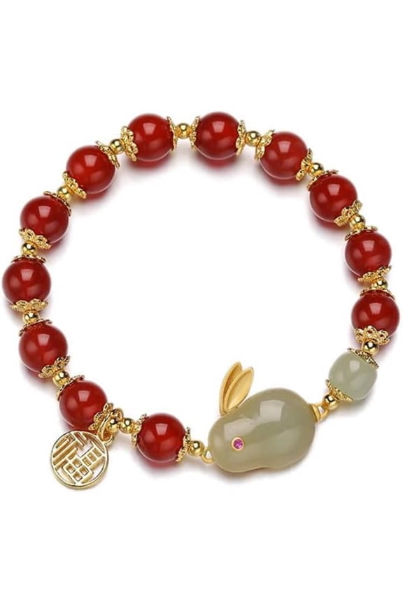 14K Gold Jade Rabbit Bracelet, Jade Agate Rabbit Bracelet, Birthday Gift for Mother, Wife, Girlfriend, Mother's Day