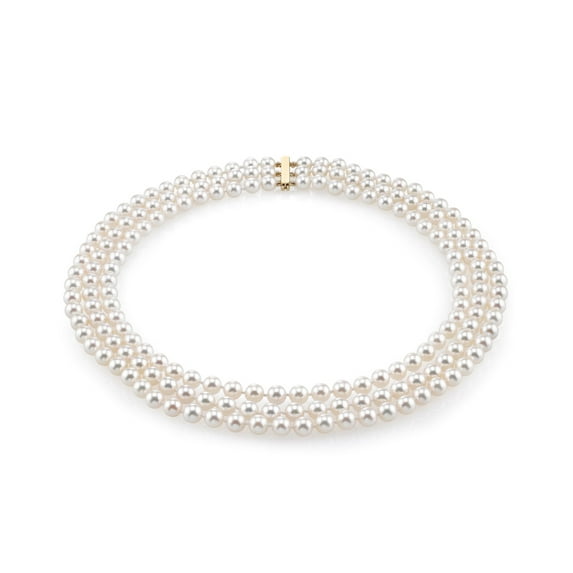 14K Gold Japanese Akoya White Cultured Pearl Triple Strand Necklace - AAA Quality, 17-18-19" Length