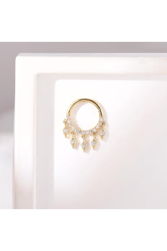 14K Gold Kite Moissanite Dangle Clicker, Septum Helix Cartilage Seamless Hoop Huggie, 16G Drop Gemstone Conch Segment Hinged Ring Women BY PINK GEMS