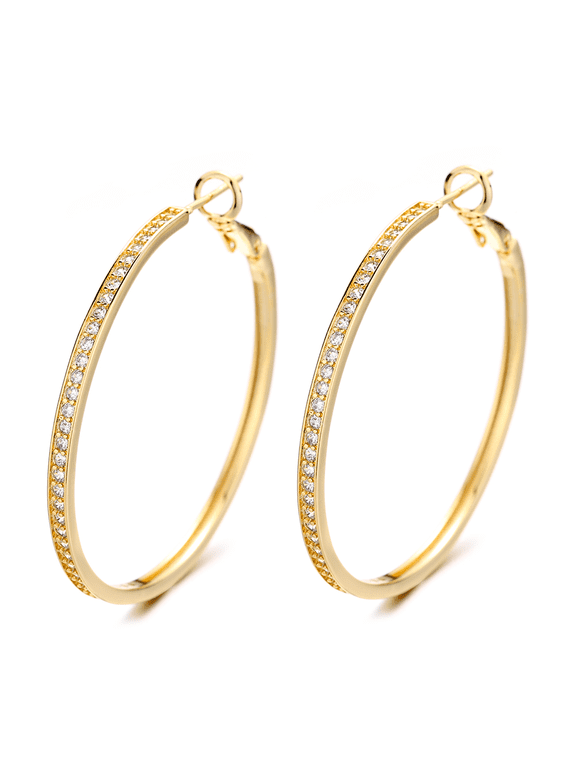 14K Gold Large Hoop Earrings with Simulated Diamonds in 14K Yellow Gold Plated