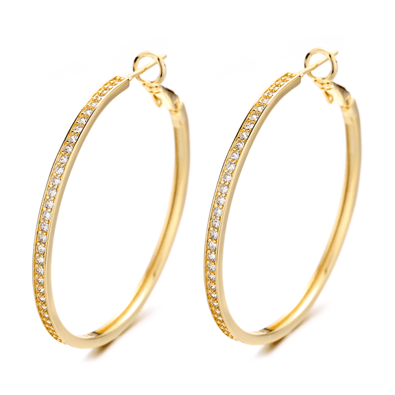 14K Gold Large Hoop Earrings with Simulated Diamonds in 14K Yellow Gold Plated