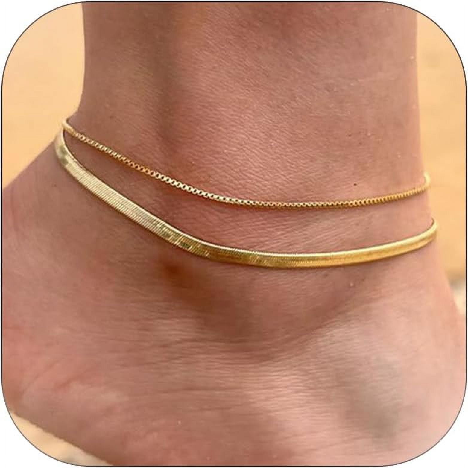 14K Gold Layered Ankle Bracelets For Women Stainless Steel Anklets