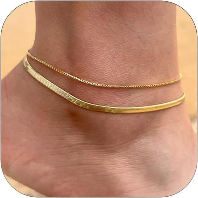 14K Gold Layered Ankle Bracelets For Women Stainless Steel Anklets