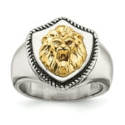 AMERICAN STEEL 14K Gold Lion Accent on Stainless Steel Antique Style Shield Signet Ring Size 8, Leo Men's Ring Jewelry