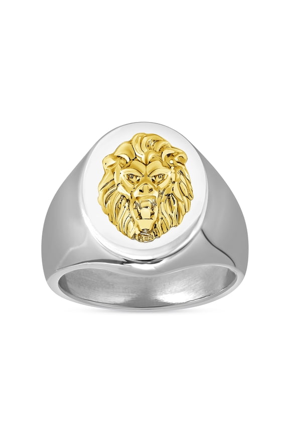 14K Gold Lion Accent on Stainless Steel Oval Signet Ring Size 8, Leo Men's Ring Jewelry