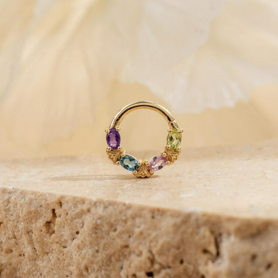14K Gold London Blue Topaz Pink Sapphire Hinged Clicker Delicate Peridot Amethyst Nose Septum Ring Gemstone Cartilage Daith Earring Women Pinkcityshopstore