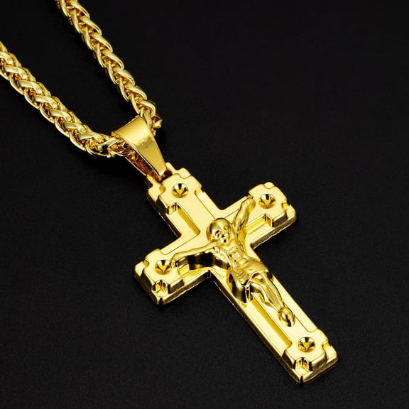 14K Gold Long Chain Christian Crucifix Jesus Cross Pendants Necklaces for Men Necklace Religious Jewelry