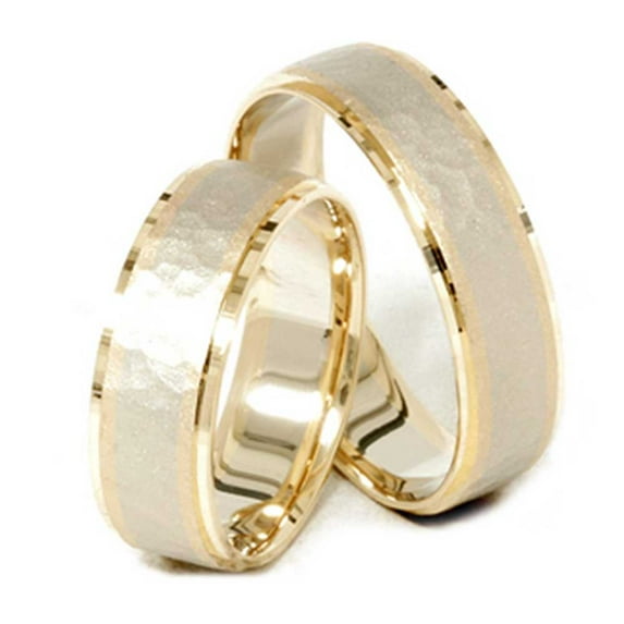 Pompeii3 14K Gold Matching Two Tone Hammered Wedding Ring Set