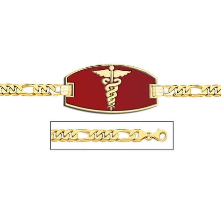 14K Gold Medical ID Bracelet W/ Figaro Chain with Enamel - 7 Inch