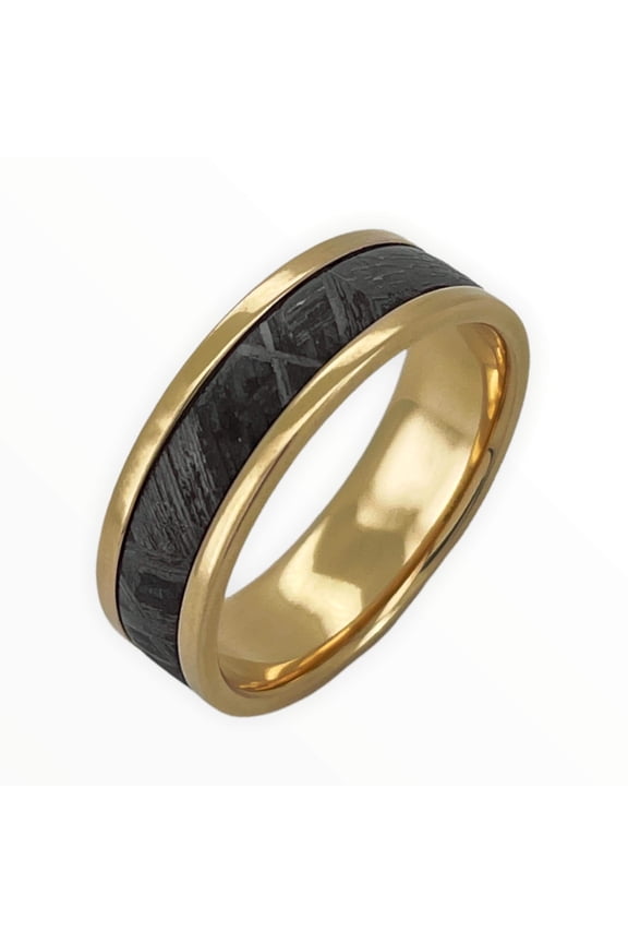 14K Gold Mens Wedding Band | Genuine Meteorite Inlay | 7mm Comfort Fit Men's Engagement Ring | Lifetime Warranty
