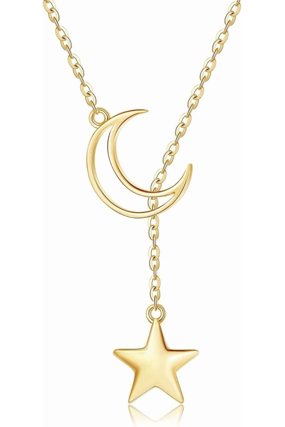 14K Gold Moon Star Necklace 14K Solid Yellow Gold Moon Star Lariat Y Necklace Gold Star Jewelry for Women