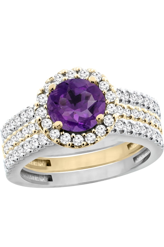 14K Gold Natural Amethyst 3-Piece Ring Set Two-tone Round 6mm Halo Diamond, size 6