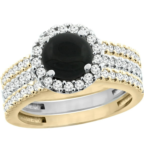 14K Gold Natural Black Onyx 3-Piece Ring Set Two-tone Round 6mm Halo Diamond, size 5.5