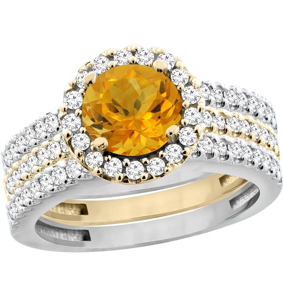 14K Gold Natural Citrine 3-Piece Ring Set Two-tone Round 6mm Halo Diamond, size 8