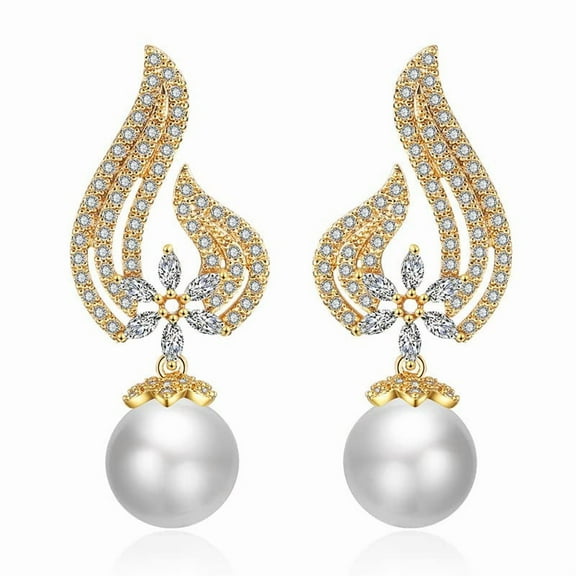 14K Gold Natural Crystal & Freshwater Pearl Drop Earrings for Women, Dainty Flower Design, White Pearl Dangle Earrings, Beautiful Christmas Jewelry Gift, Day to Evening Accessory