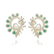 PAENENPH 14K Gold Natural Crystal & Freshwater Pearl Hoop Earrings for Women, Dainty Branch Shape Design, Chic Christmas Jewelry Gift, Fashionable Everyday Accessory, Classy Pearl Earrings