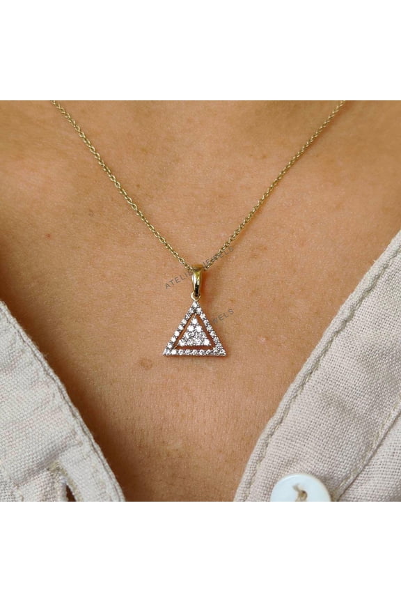 14K Gold Natural Diamond Triangle Pendant Necklace, Cluster Anniversary Gift