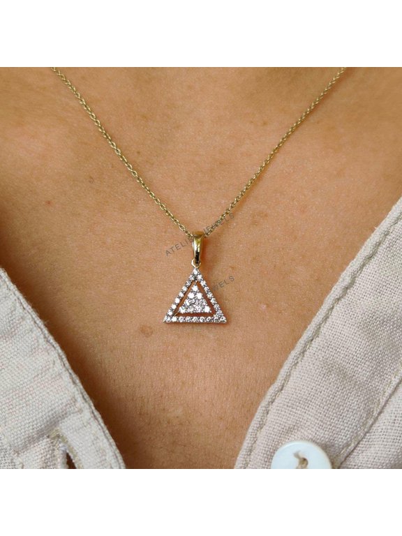14K Gold Natural Diamond Triangle Pendant Necklace, Cluster Anniversary Gift
