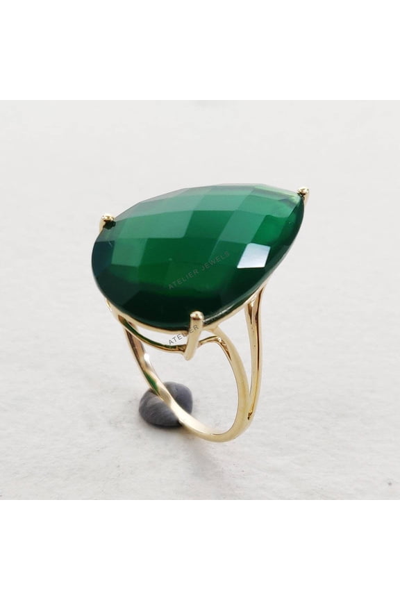 14K Gold Natural Green Onyx Ring: Pear Prong Setting, May Birthstone