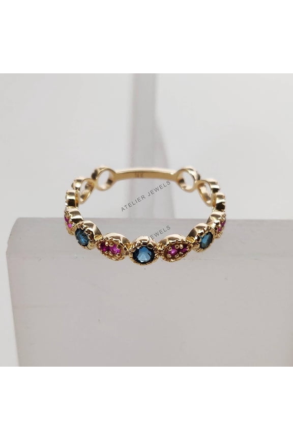 14K Gold Natural London Blue Topaz & Ruby Ring: December July Birthstone