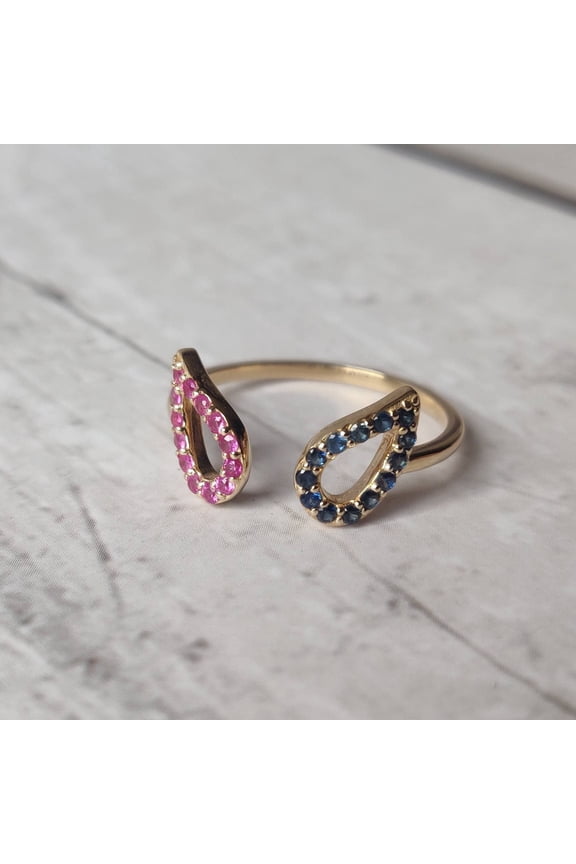 14K Gold Natural Ruby & Blue Sapphire Ring, Solid Yellow Gold Ring, Dainty Sapphire Ring, July October Birthstone Ring, Christmas Present