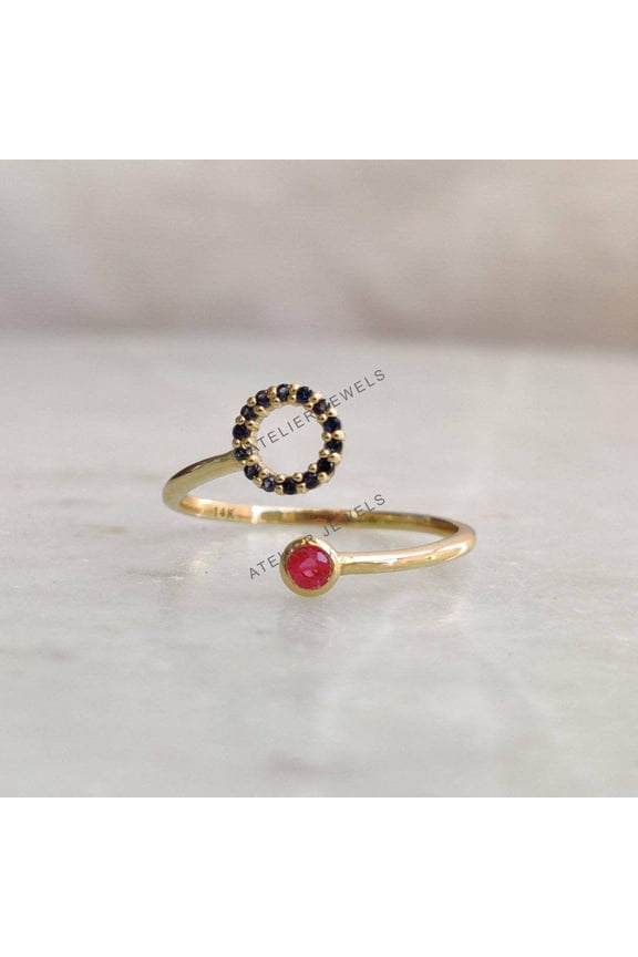 14K Gold Natural Ruby & Blue Sapphire Ring, Solid Yellow Gold Ring, Dainty Sapphire and Ruby Ring, July Birthstone Ring, Christmas Present