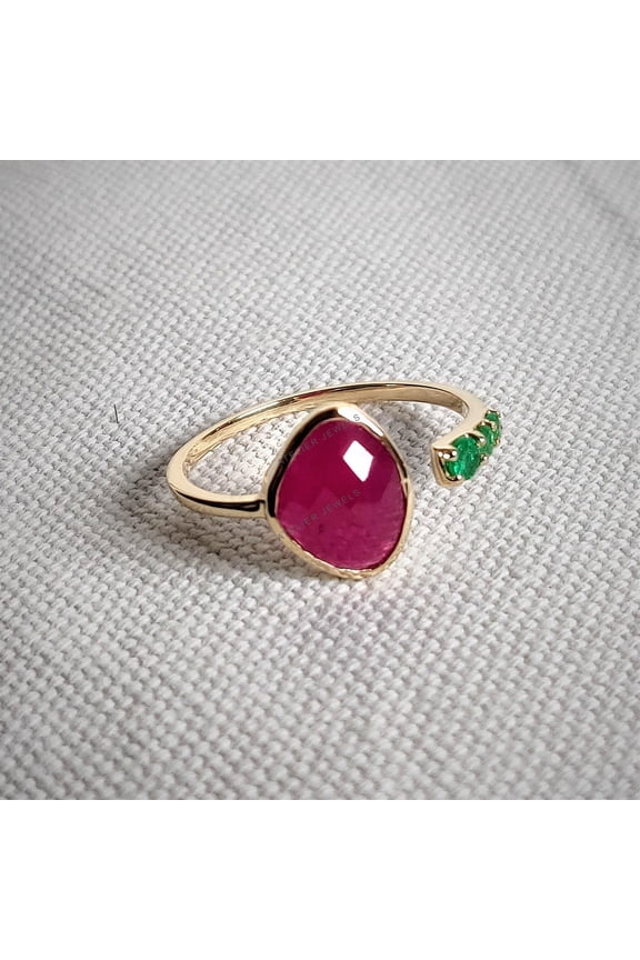 14K Gold Natural Ruby Emerald ring, 14K Solid Yellow Gold Ruby Emerald ring, July May Birthstone, Ruby Jewelry, Emerald Jewelry