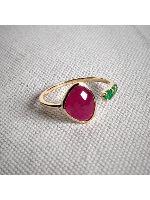 14K Gold Natural Ruby Emerald ring, 14K Solid Yellow Gold Ruby Emerald ring, July May Birthstone, Ruby Jewelry, Emerald Jewelry