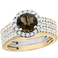 thumbnail image 1 of 14K Gold Natural Smoky Topaz 3-Piece Ring Set Two-tone Round 6mm Halo Diamond, size 5, 1 of 4