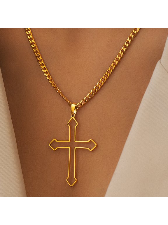 Curb Chain Hollow Outline Cross Pendant Necklace For Men Women, 14K Gold Filled Upscale Everyday Jewelry