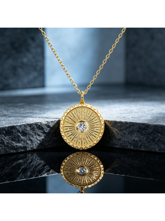 14K Gold Filled Necklace Sunray Pattern Pendant Vintage Fashion Individuality For Woman, Bold Classic Themed Distinct Modish Statement Jewelry
