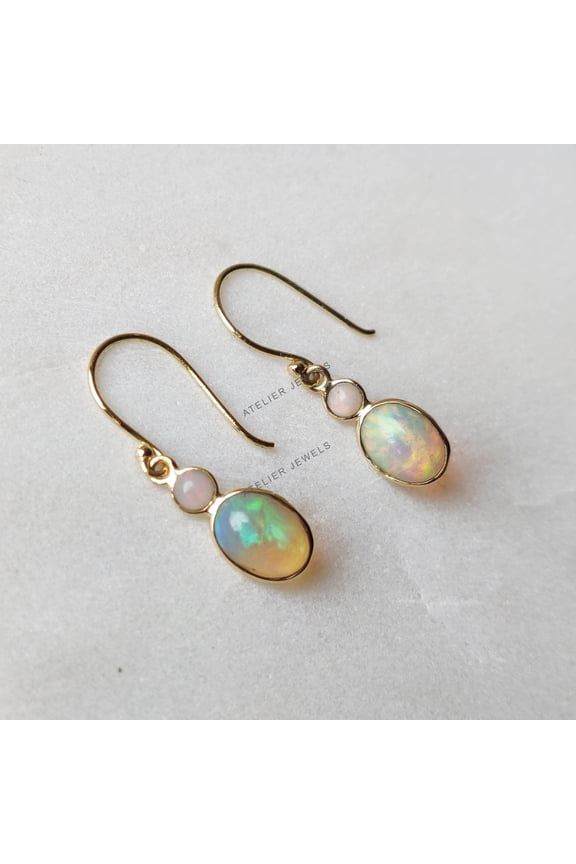 14K Gold Opal Earrings, Natural Ethiopian Opal Earrings, 14k Solid Yellow Gold Earrings, October Birthstone, Dainty earrings, Gift For her