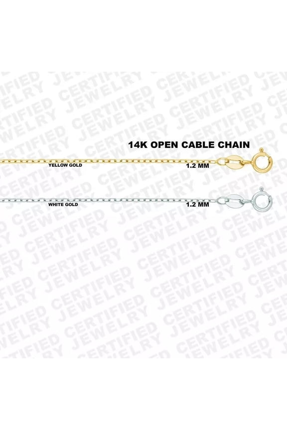 14K Gold Open Cable Link Chain Necklace, 16"- 20" inches , 1.2mm Thick,