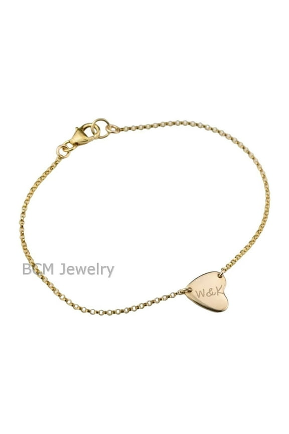 14K Gold Over 925 Silver Bracelet For Women & Girls, Personalised Custom W & K Heart Chain Bracelet