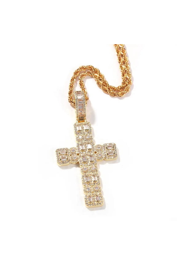 14K Gold Over Finish Simulated Diamond Iced Out Baguette Hip Hop Holy Cross Religious God Jesus Custom Charm Pendant Necklace, Gift for him
